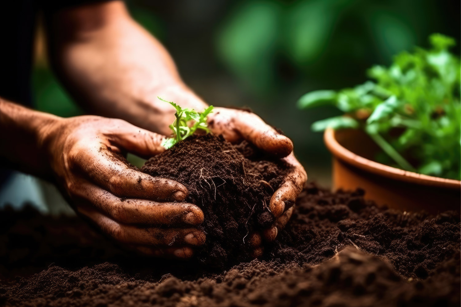 Händer som planterar en växt i jord.